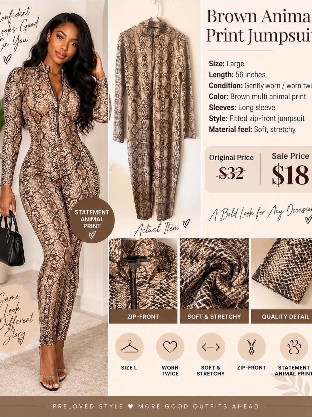 Brown Animal Print Zip-Front Jumpsuit